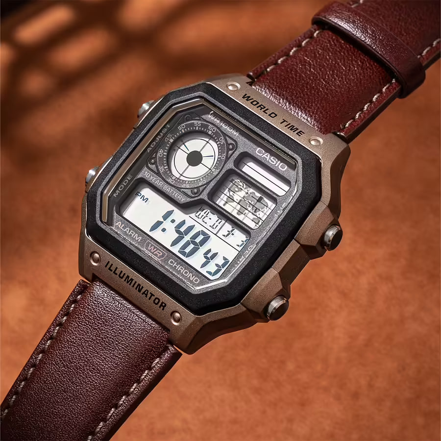 Casio Royale AE-1200WHL-5AVDF Digital Black Dial World Time Leather Strap Men's Watch