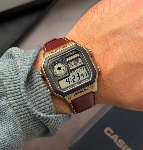 Casio Royale AE-1200WHL-5AVDF Digital Black Dial World Time Leather Strap Men's Watch
