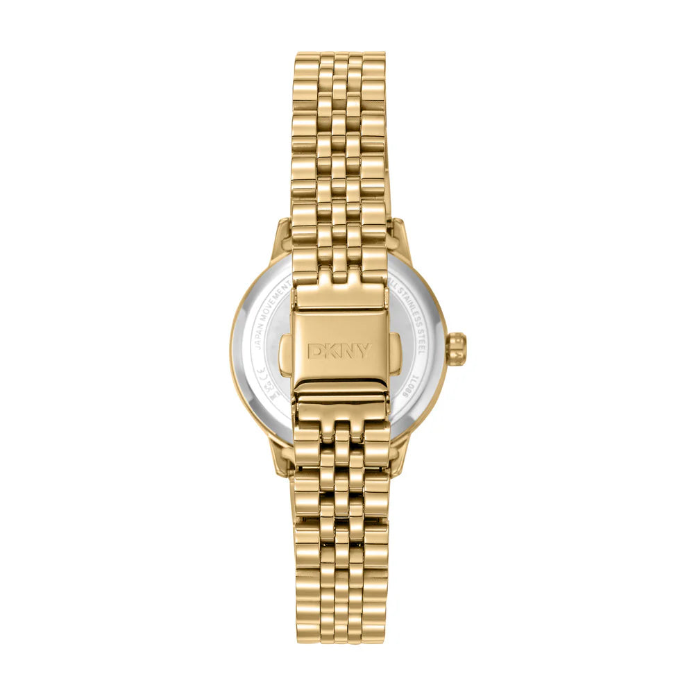 DKNY Everyday Women's 30mm White Mother-of-Pearl Dial Gold-Tone Stainless Steel Crystal Bracelet Watch