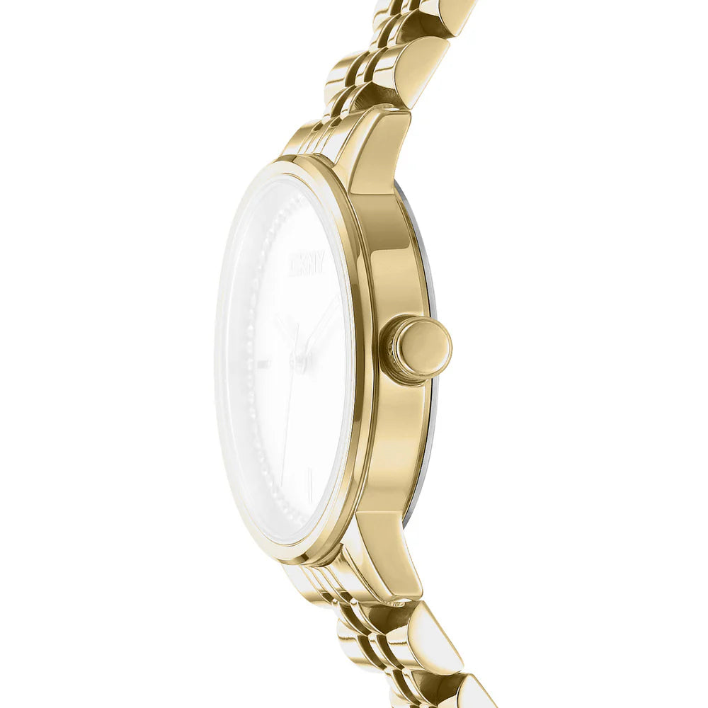DKNY Everyday Women's 30mm White Mother-of-Pearl Dial Gold-Tone Stainless Steel Crystal Bracelet Watch