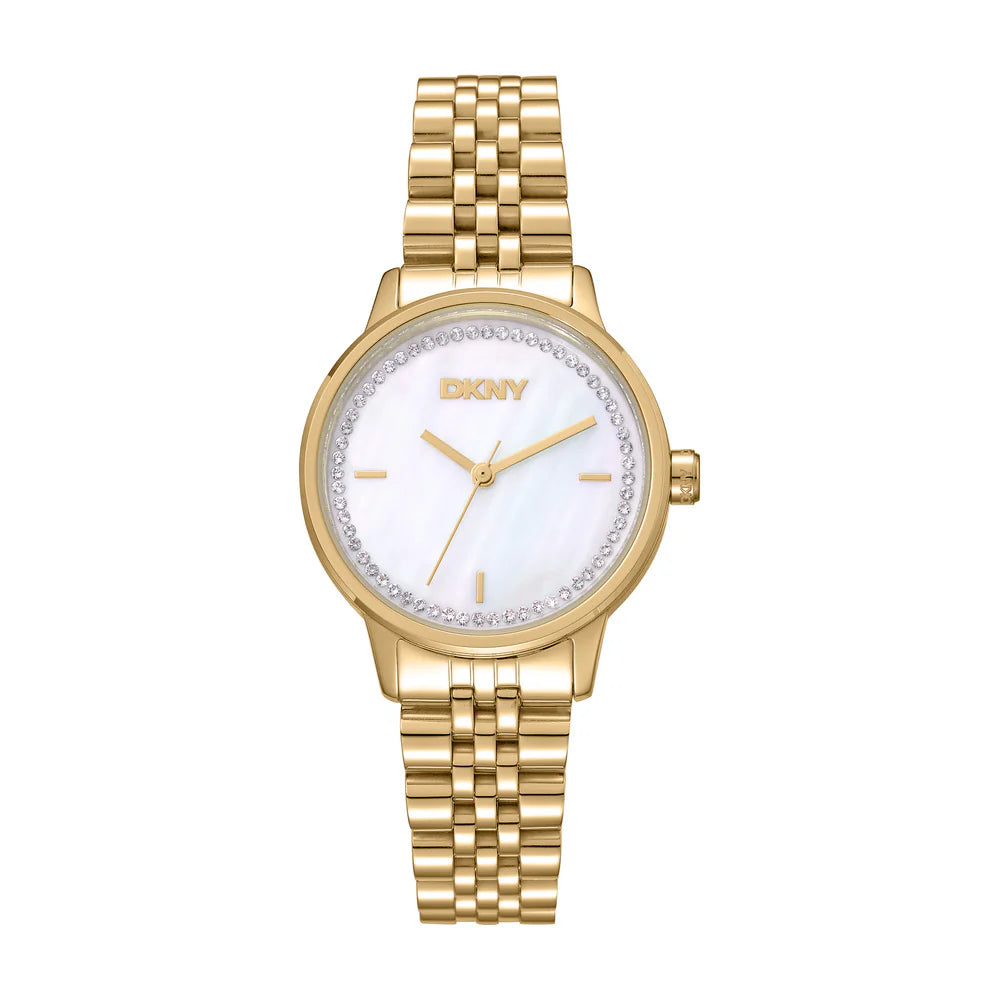 DKNY Everyday Women's 30mm White Mother-of-Pearl Dial Gold-Tone Stainless Steel Crystal Bracelet Watch