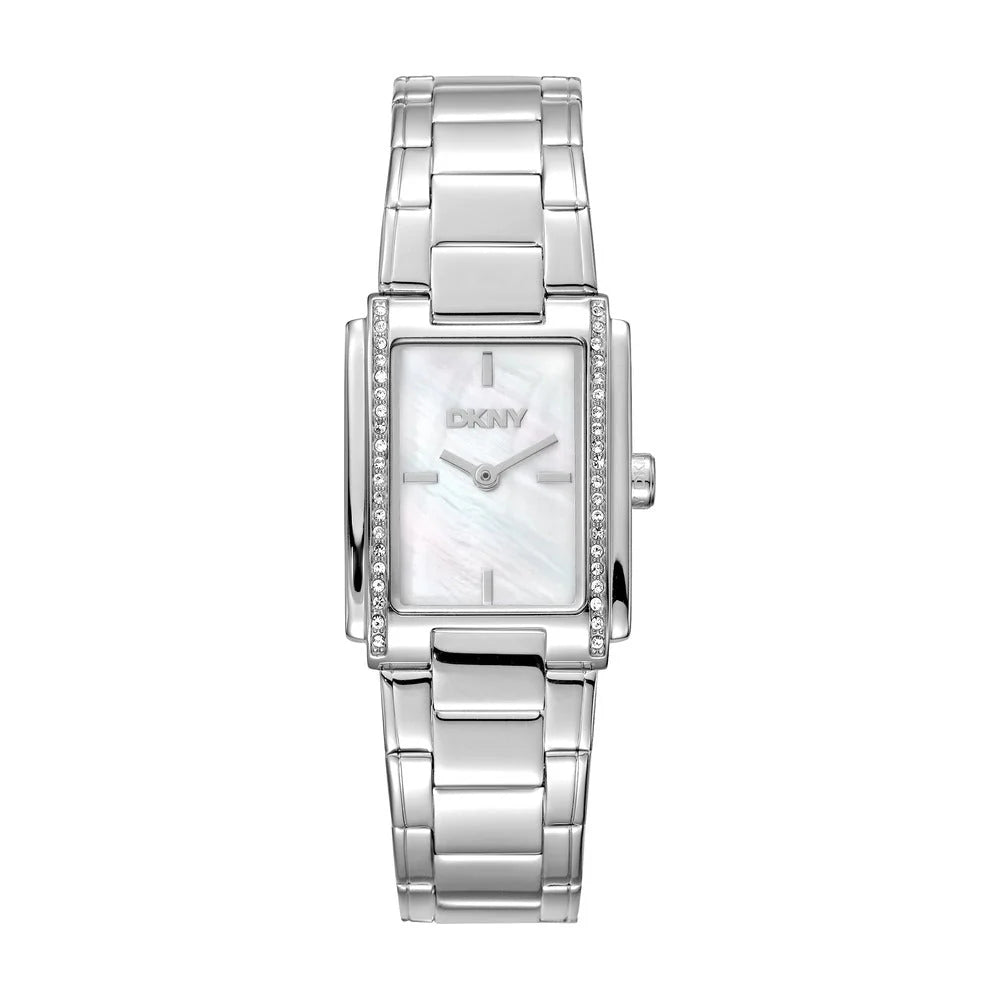DKNY Evening Women's 23x30mm White Mother-of-Pearl Dial Silver Stainless Steel Crystal Bracelet Watch