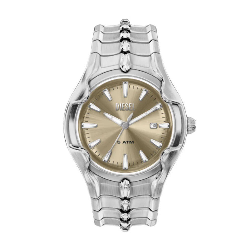 Diesel Vert Men's 45mm Gold-Tone Sunray Dial Silver Stainless Steel Three-Hand Date Bracelet Watch