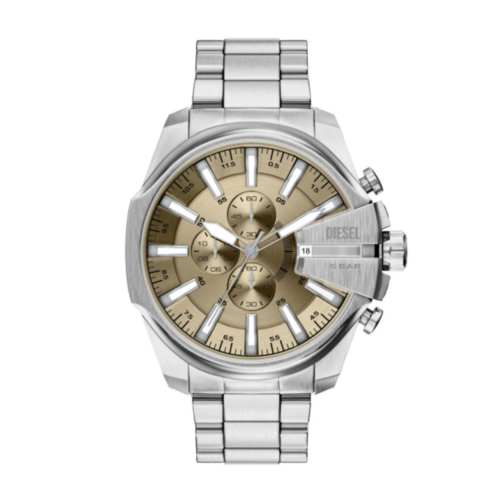 Diesel Mega Chief Slim Men's 48mm Gold-Tone Sunray Dial Silver Stainless Steel Chronograph Bracelet Watch