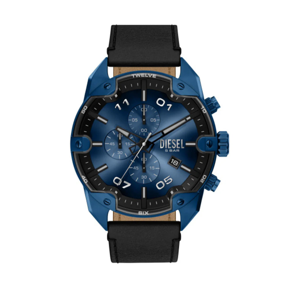 Diesel Spiked Men's 49mm Blue & Black Gradient Sunray Dial Blue Stainless Steel Chronograph Leather Strap Watch