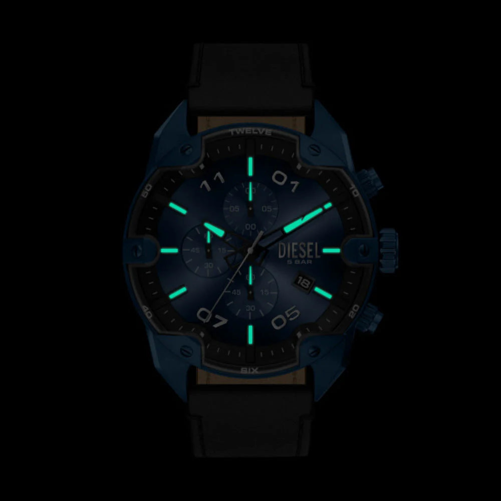 Diesel Spiked Men's 49mm Blue & Black Gradient Sunray Dial Blue Stainless Steel Chronograph Leather Strap Watch