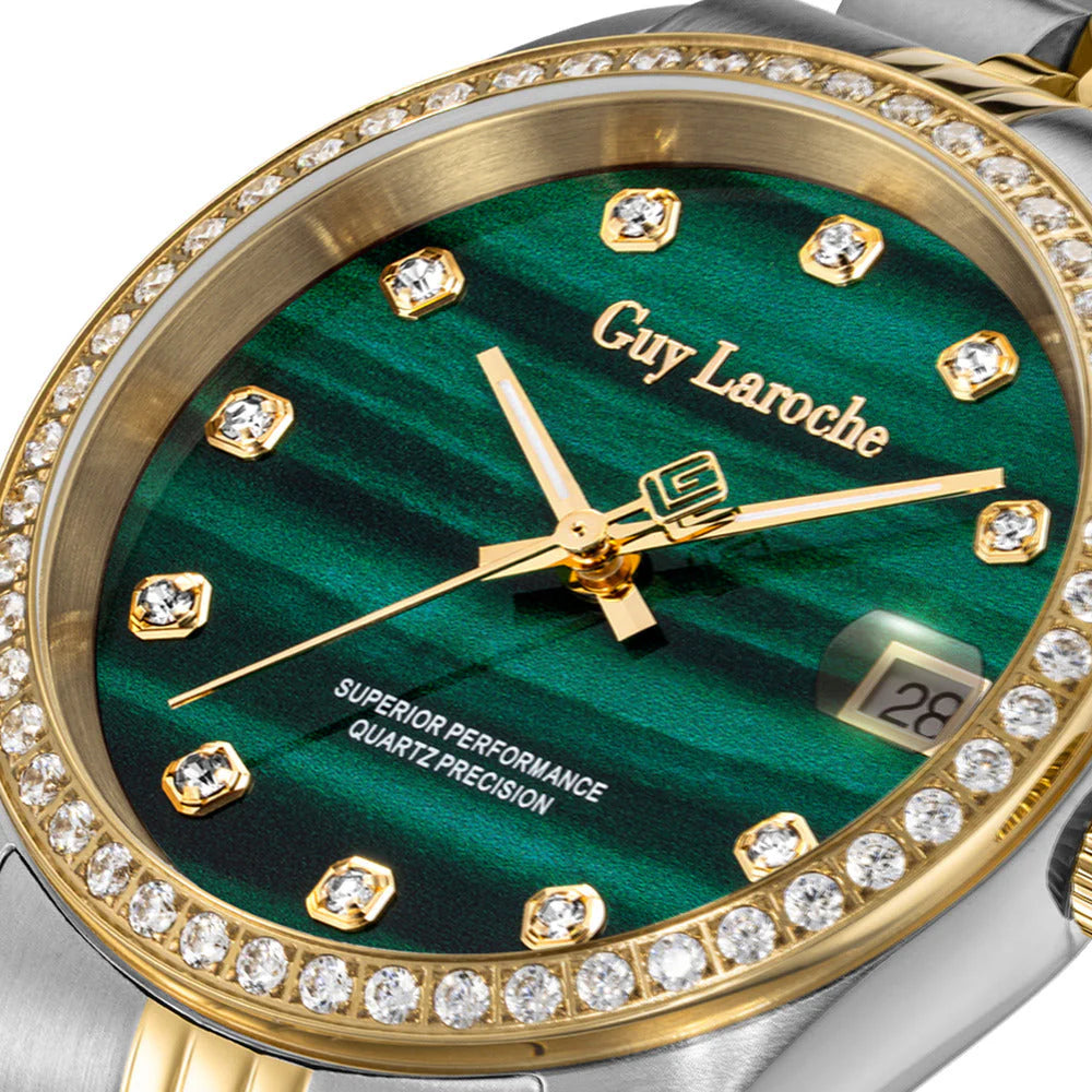 Guy Laroche Women's 32mm Green Malachite Dial Two-Tone Stainless Steel Crystal Bezel Bracelet Watch