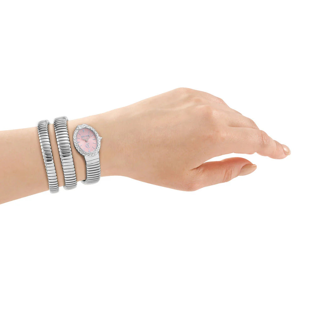 Just Cavalli Sognia Women's 22x31mm Light Pink Dial Silver Stainless Steel Snake Wrap Bracelet Watch