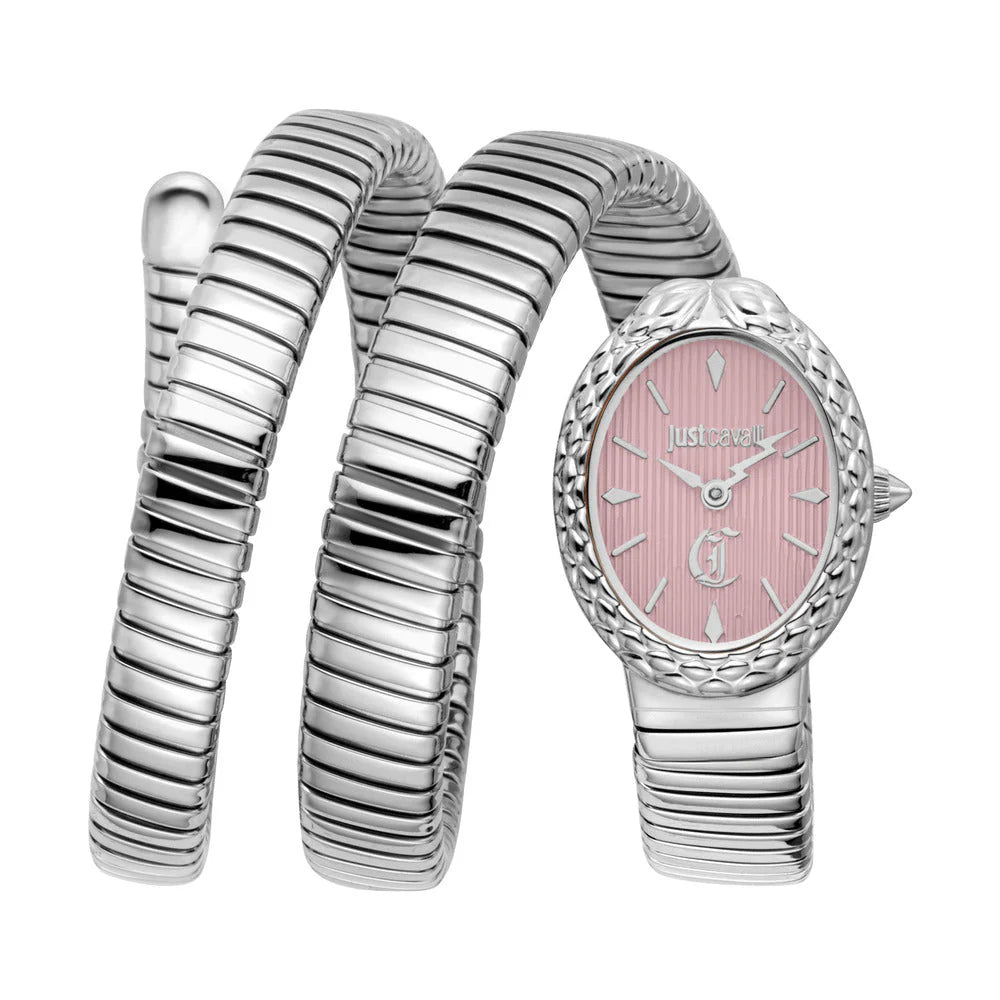 Just Cavalli Sognia Women's 22x31mm Light Pink Dial Silver Stainless Steel Snake Wrap Bracelet Watch