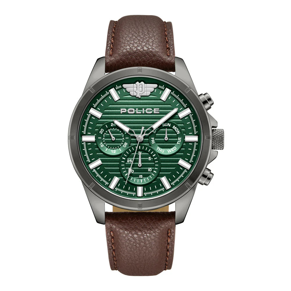 Police Malawi PEWJF2227811 Men's Chronograph Green Dial Brown Leather Strap Watch