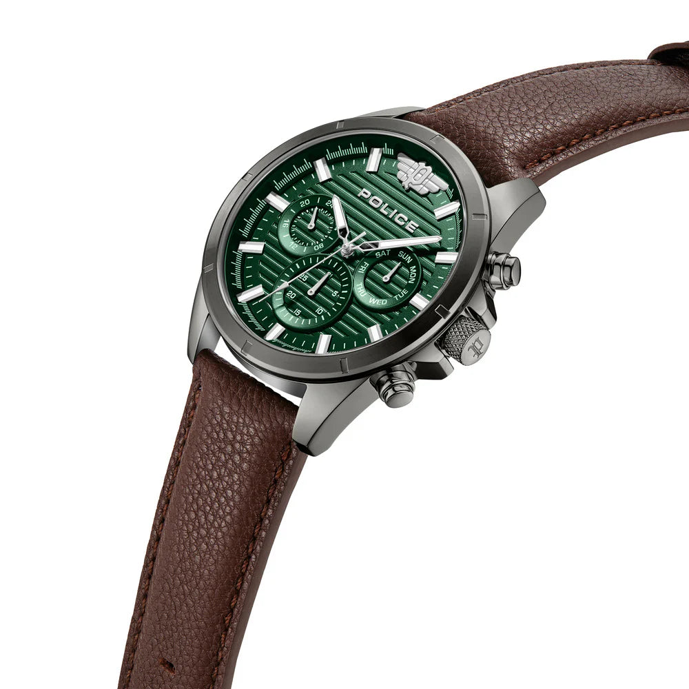 Police Malawi PEWJF2227811 Men's Chronograph Green Dial Brown Leather Strap Watch