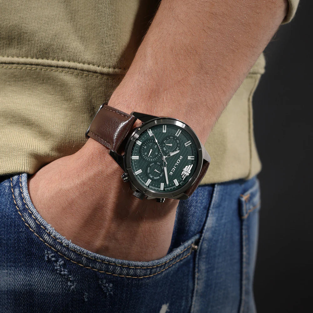 Police Malawi PEWJF2227811 Men's Chronograph Green Dial Brown Leather Strap Watch