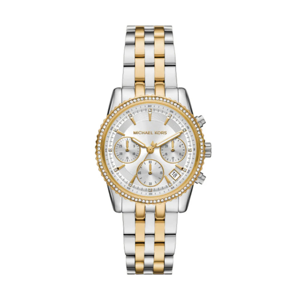 Michael Kors Ritz Women's 35mm White Sunray Dial Two-Tone Stainless Steel Chronograph Bracelet Watch