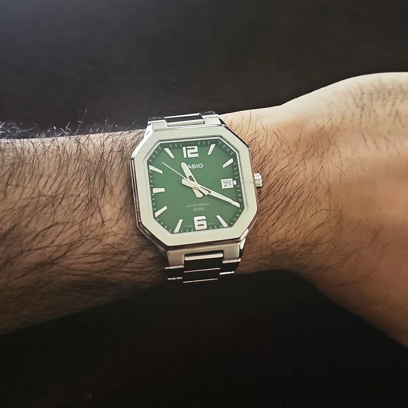 Casio Standard "Octagonal Sport" MTP-B195L-3AVDF Green Dial 38mm Leather Strap Men's Watch