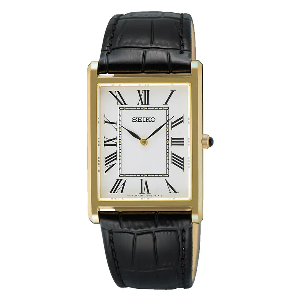 Seiko Conceptual "Seiko Tank" SWR104P1 Rectangular White Dial 27.2mm Gold-Tone Leather Strap Men's Watch