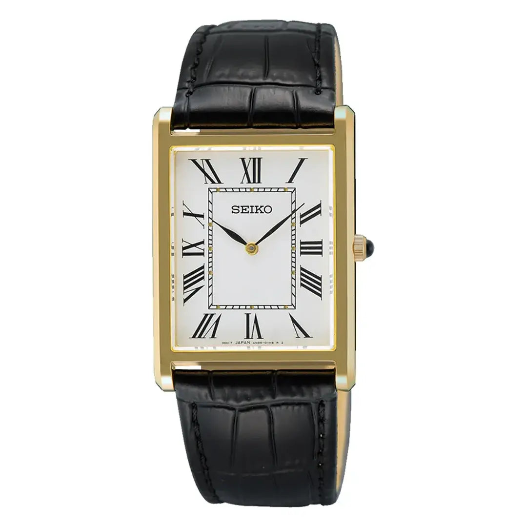 Seiko Conceptual "Seiko Tank" SWR104P1 Rectangular White Dial 27.2mm Gold-Tone Leather Strap Men's Watch