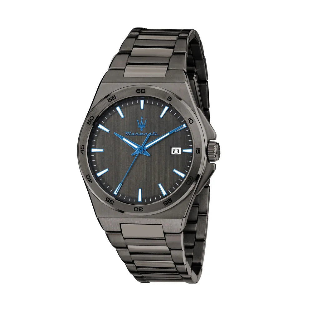 Maserati Dark Edition Men's 40mm Grey Brushed Dial Steel Bracelet Watch with Blue Accents