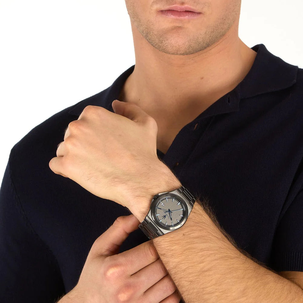 Maserati Dark Edition Men's 40mm Grey Brushed Dial Steel Bracelet Watch with Blue Accents