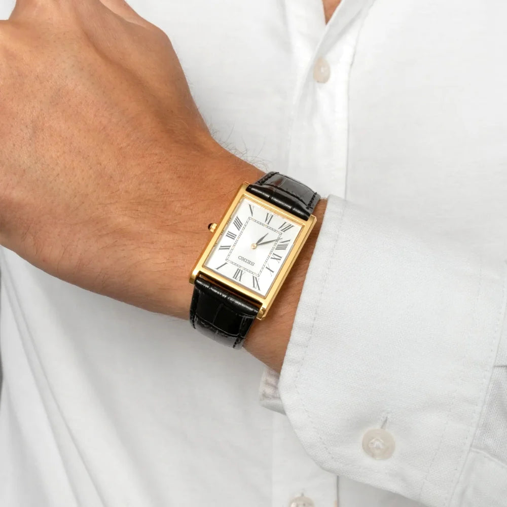 Seiko Conceptual "Seiko Tank" SWR104P1 Rectangular White Dial 27.2mm Gold-Tone Leather Strap Men's Watch