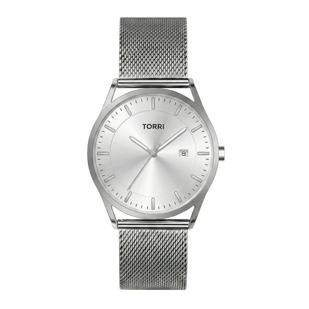 Torri TOR149 Men's Minimalist Silver Sunray Dial Mesh Bracelet Watch
