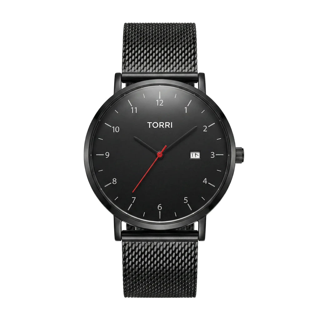 Torri TOR159 Men's All-Black Minimalist Dial Red Seconds Hand Black Mesh Bracelet Watch