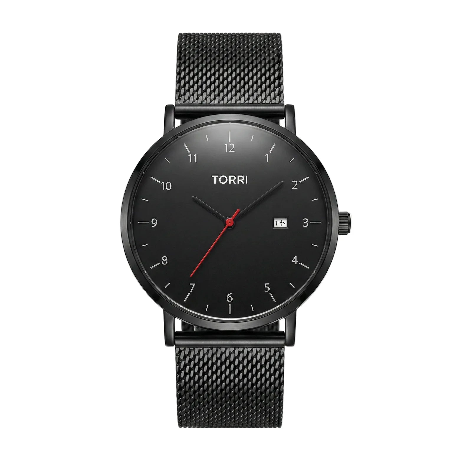 Torri TOR159 Men's All-Black Minimalist Dial Red Seconds Hand Black Mesh Bracelet Watch