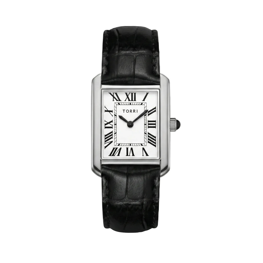 Torri TOR168 Unisex Tank-Style White Dial 31mm Sapphire Crystal Black Leather Strap Watch
