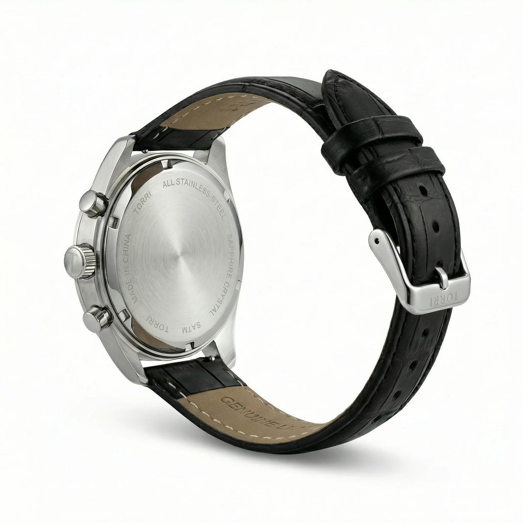 Torri TOR188 Men's Chronograph Black Dial Tachymetre Black Leather Strap Watch