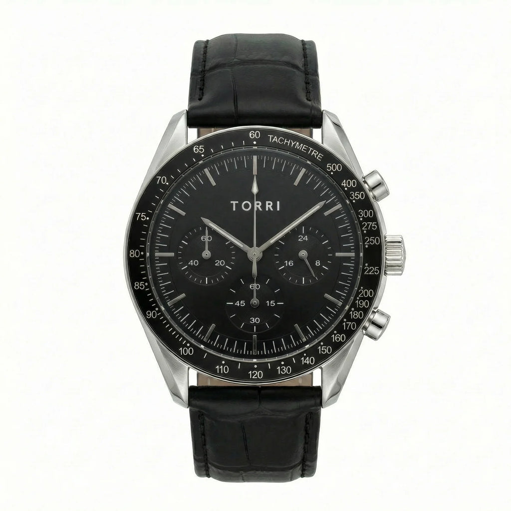 Torri TOR188 Men's Chronograph Black Dial Tachymetre Black Leather Strap Watch