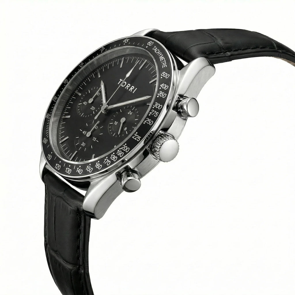 Torri TOR188 Men's Chronograph Black Dial Tachymetre Black Leather Strap Watch