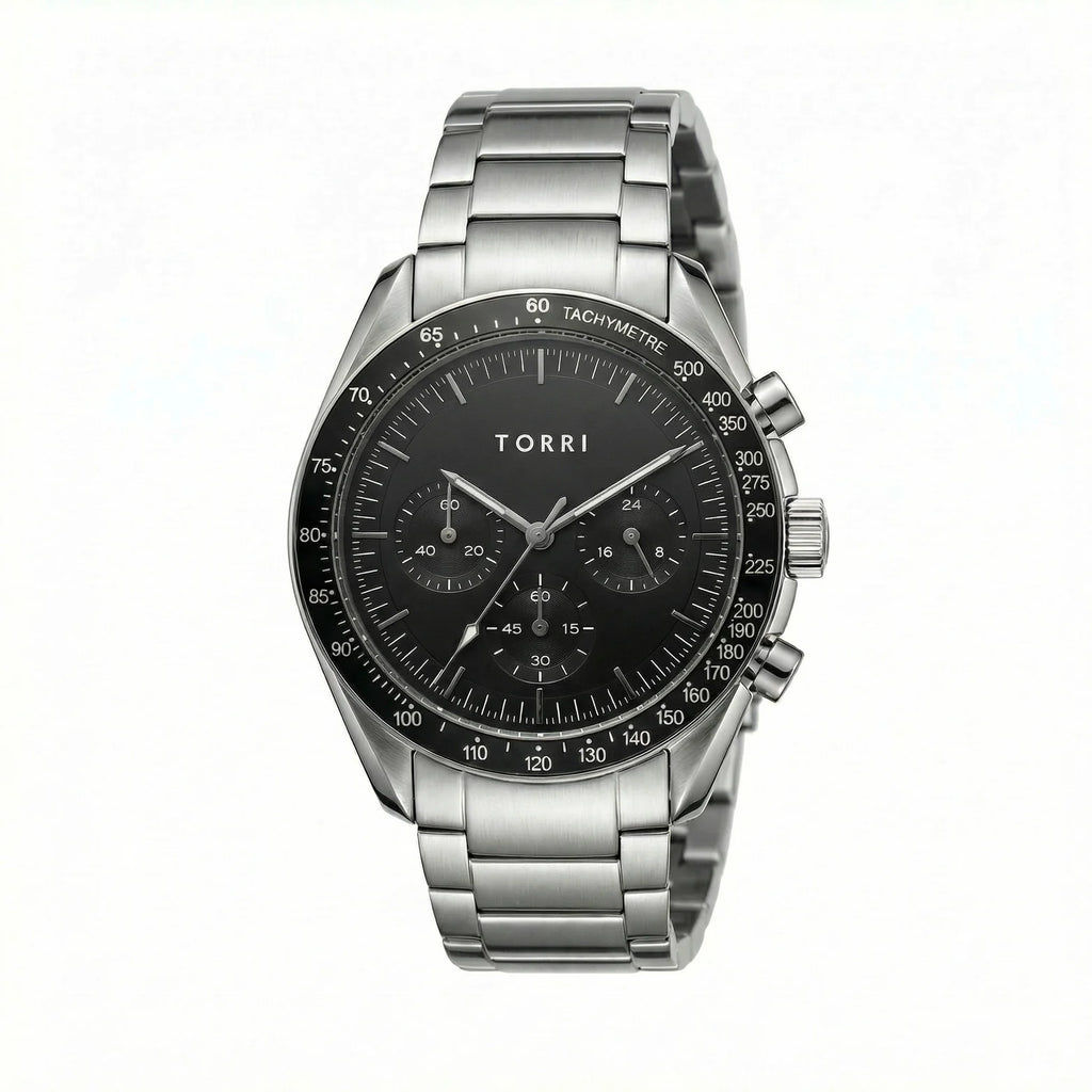 Torri TOR190 Men's Chronograph Black Dial Tachymetre Sapphire Crystal Stainless Steel Watch