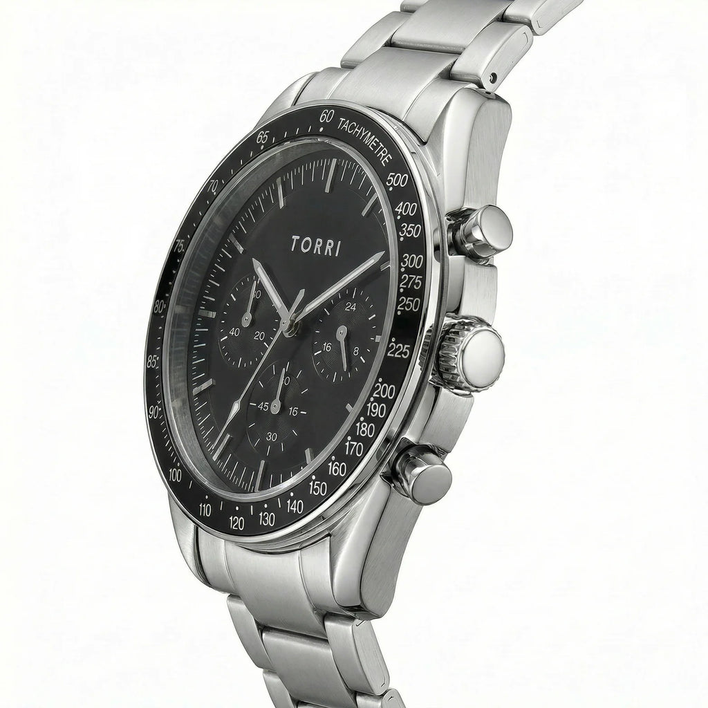 Torri TOR190 Men's Chronograph Black Dial Tachymetre Sapphire Crystal Stainless Steel Watch