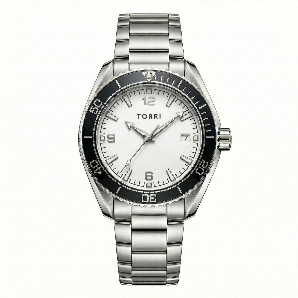 Torri TOR192 Men's Diver-Style White Dial Black Bezel Sapphire Crystal Stainless Steel Watch