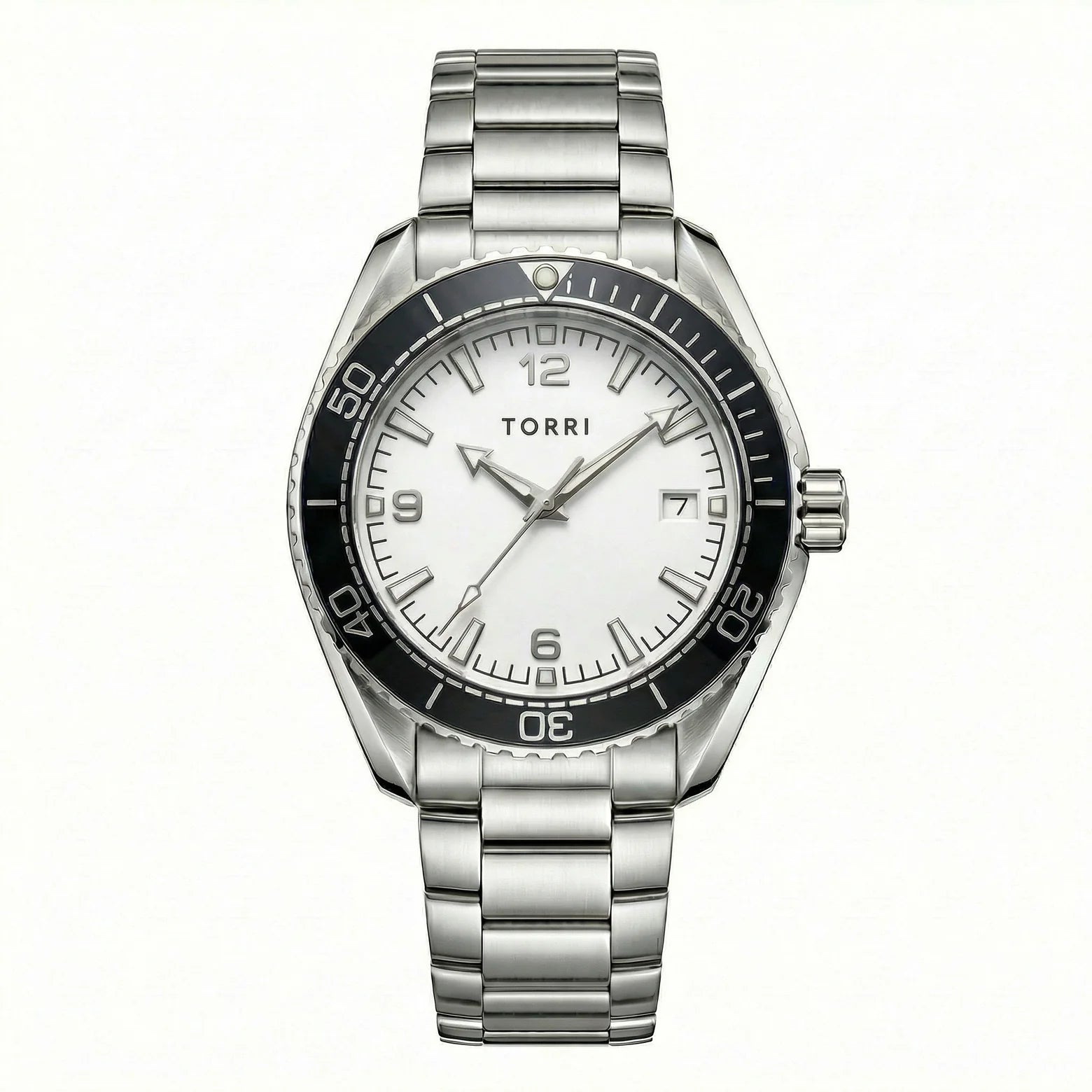 Torri TOR192 Men's Diver-Style White Dial Black Bezel Sapphire Crystal Stainless Steel Watch