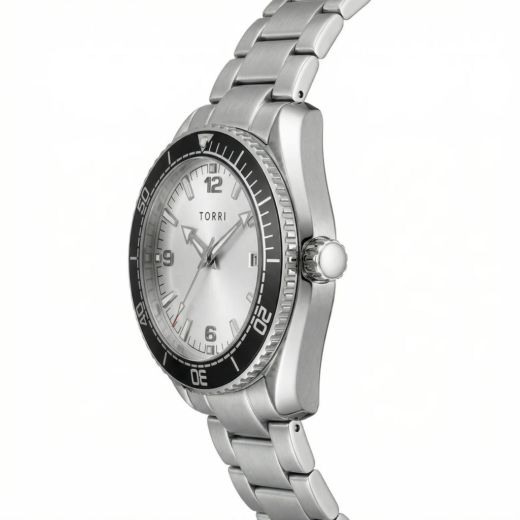 Torri TOR192 Men's Diver-Style White Dial Black Bezel Sapphire Crystal Stainless Steel Watch