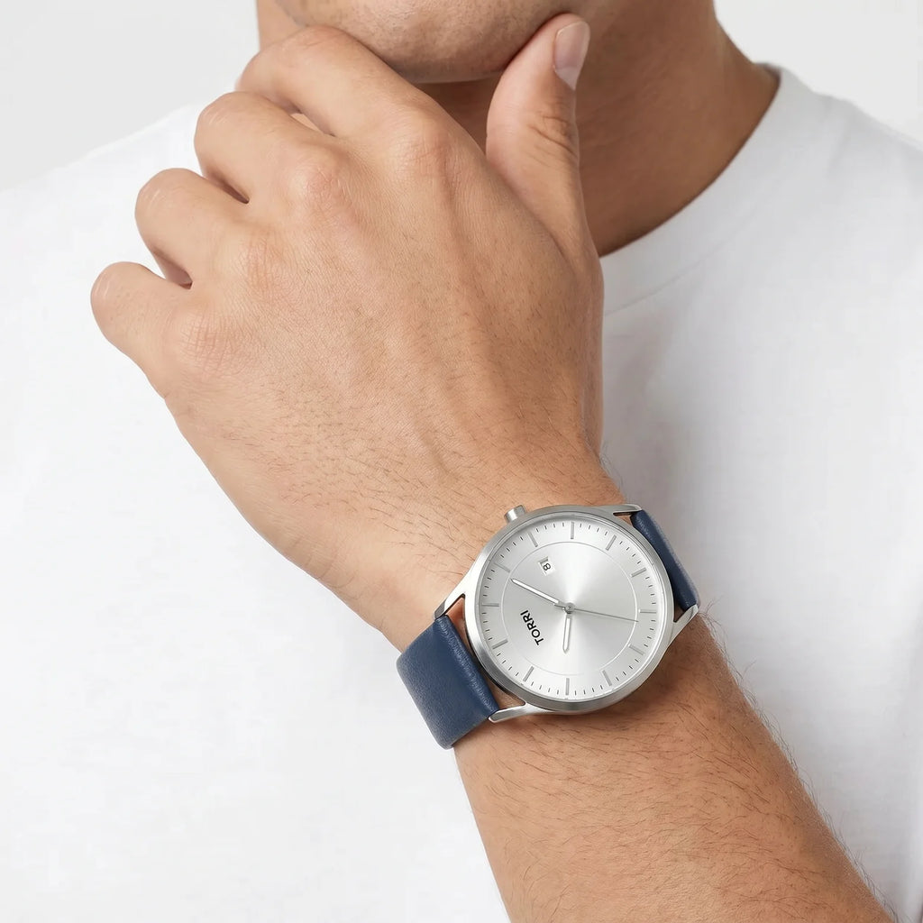 Torri TOR146 Men's Minimalist Silver Sunray Dial Navy Blue Leather Strap Watch