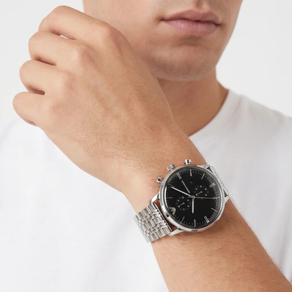 Emporio Armani Gianni AR0389 Men's Chronograph Black Dial Stainless Steel Watch