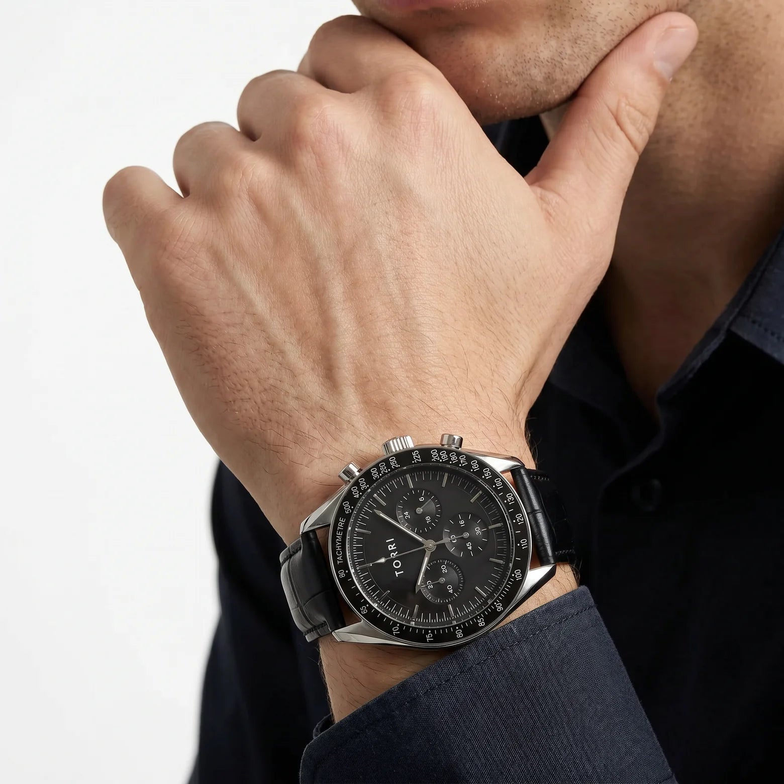 Torri TOR188 Men's Chronograph Black Dial Tachymetre Black Leather Strap Watch