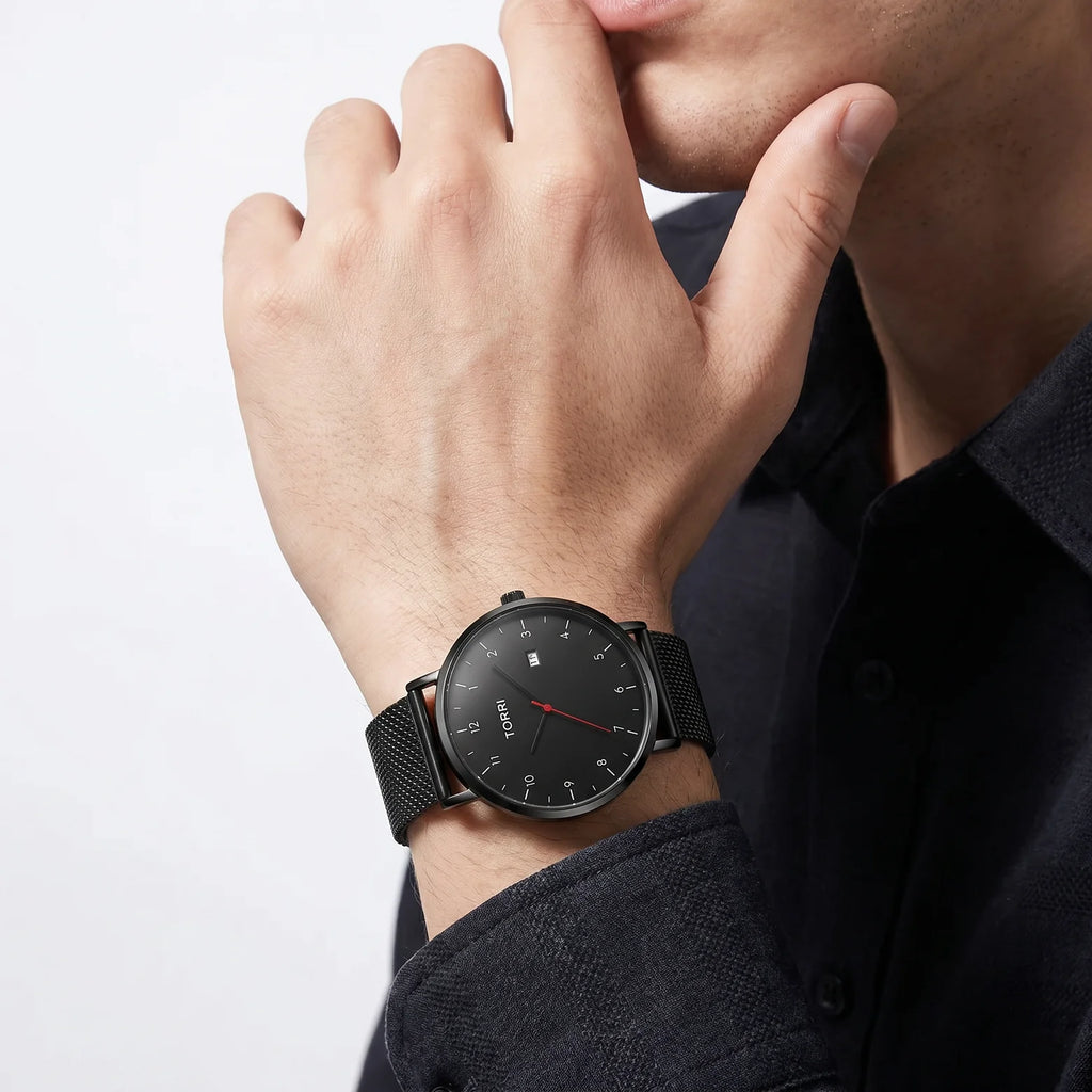Torri TOR159 Men's All-Black Minimalist Dial Red Seconds Hand Black Mesh Bracelet Watch