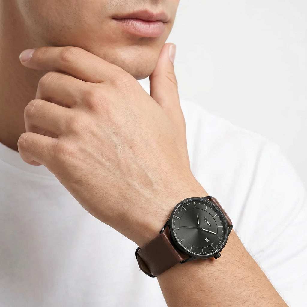 Torri TOR148 Men's Minimalist Black Dial Brown Leather Strap Watch