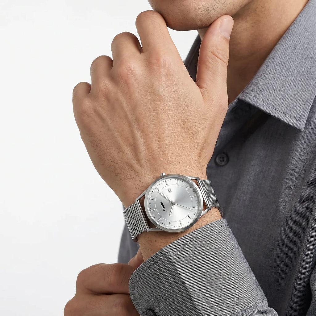 Torri TOR149 Men's Minimalist Silver Sunray Dial Mesh Bracelet Watch