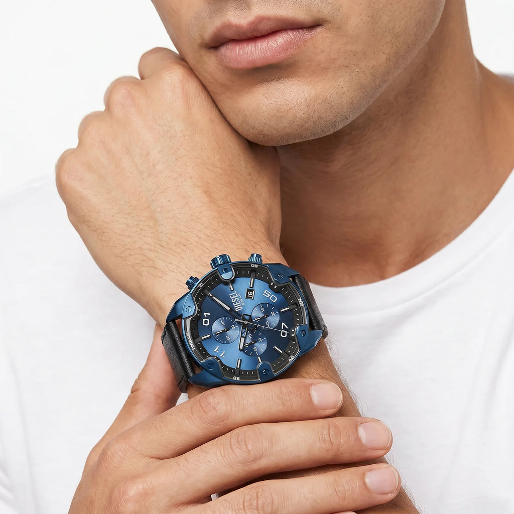 Diesel Spiked Men's 49mm Blue & Black Gradient Sunray Dial Blue Stainless Steel Chronograph Leather Strap Watch